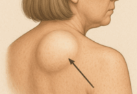 静岡市の形成外科で患者説明に利用している、脂肪腫のイラスト。背中の皮下に大きな膨らみがある。
